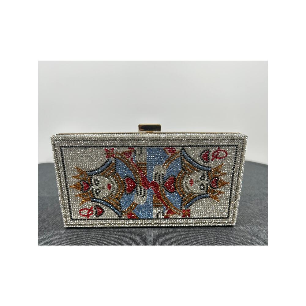 Crystal Rhinestone Playing Card Queen Box Clutch Evening Bag Gold Chain NIB
